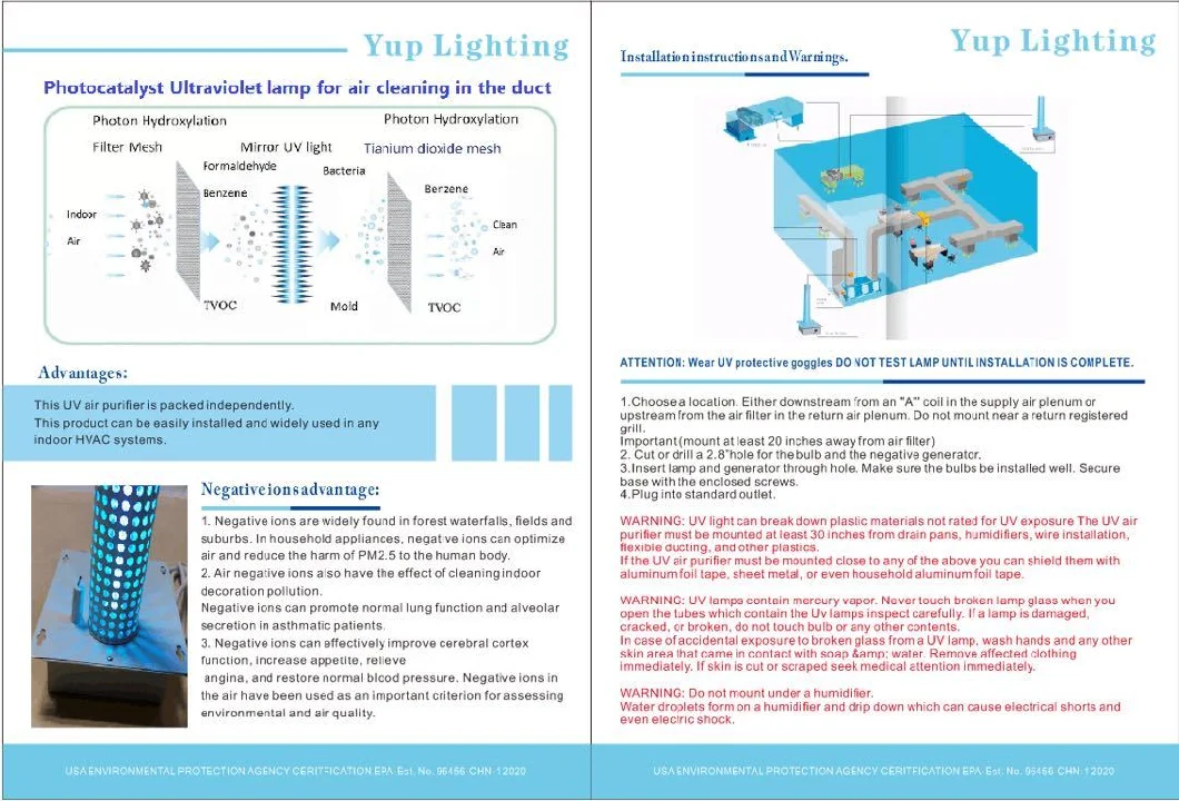 2022 Negative Ions Photocatalyst UVC, UV Cleanser Indoor Air Dust HAVC Lights Germicidal Ultraviolet Lamp Air Cleaner Air Ducts UV Light Sterilizer